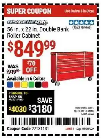 Harbor Freight Tools U.s general double bank roller cabinet offer