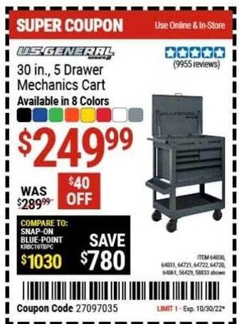 Harbor Freight Tools U.s general 5 drawer mechanics cart offer
