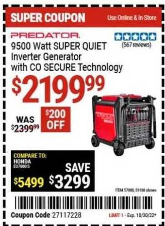 Harbor Freight Tools Predator 9500 watt super quiet inverter generator with co secure technology offer