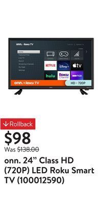Walmart Onn. 24" class hd (720p) led roku smart tv (100012590) offer