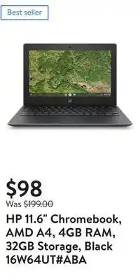 Walmart Hp 11.6" chromebook, amd a4, 4gb ram, 32gb storage, black 16w64ut#aba offer