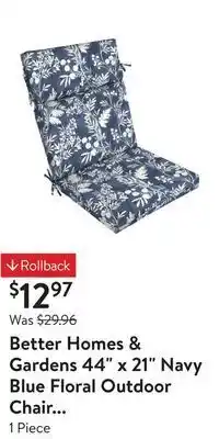 Walmart Better homes & gardens 44" x 21" navy blue floral outdoor chair cushion offer