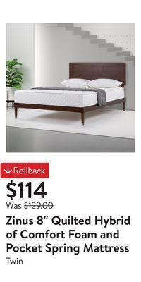 Walmart Zinus 8" quilted hybrid of comfort foam and pocket spring mattress offer