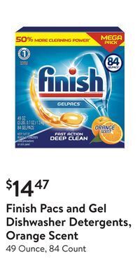 Walmart Finish pacs and gel dishwasher detergents, orange scent offer