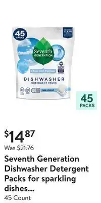 Walmart Seventh generation dishwasher detergent packs for sparkling dishes free & clear offer
