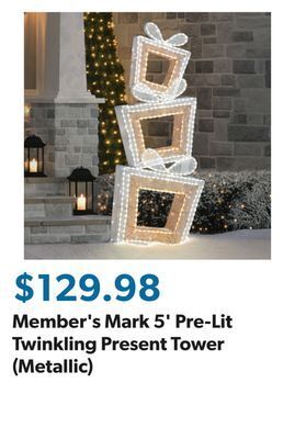 Sam's Club Member's mark 5' pre-lit twinkling present tower (metallic) offer