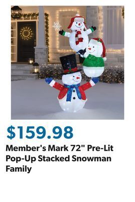 Sam's Club Member's mark 72" pre-lit pop-up stacked snowman family offer