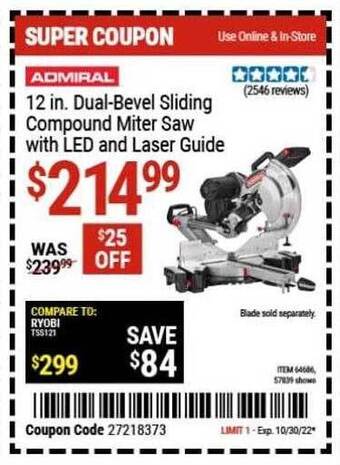 Harbor Freight Tools Admiral dual-bevel sliding compound miter saw with led and laser guide offer