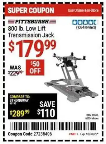 Harbor Freight Tools Pittsburgh low lift transmission jack offer