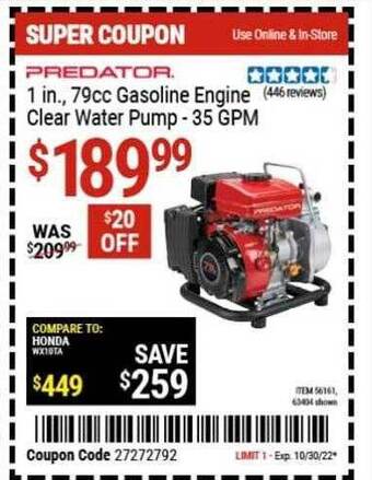 Harbor Freight Tools Predator 79cc gasoline engine clear water pump - 35 gpm offer
