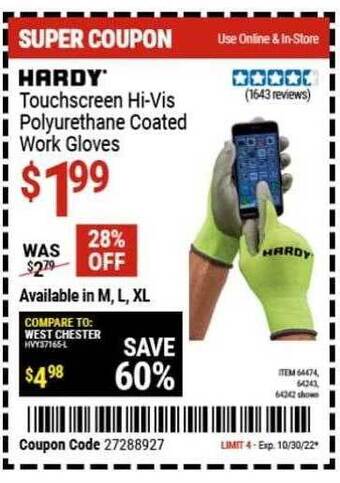 Harbor Freight Tools Hardy touchscreen hi-vis polyurethane coated work gloves offer
