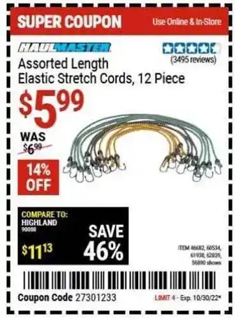 Harbor Freight Tools Haulmaster assorted length elastic stretch cords, 12 piece offer