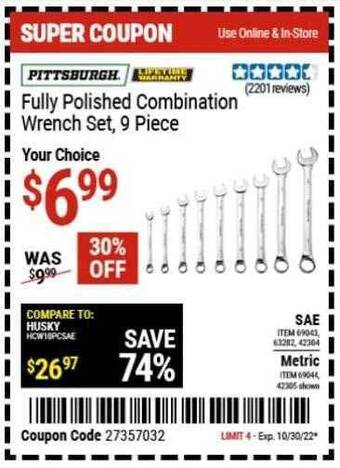 Harbor Freight Tools Pittsburgh fully polished combination wrench set, 9 piece offer