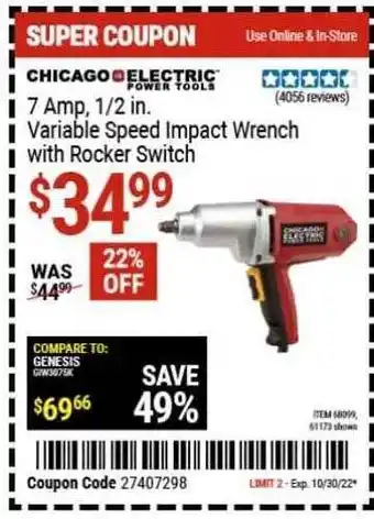Harbor Freight Tools Chicago electric 7 amp variable speed impact wrench with rocker switch offer