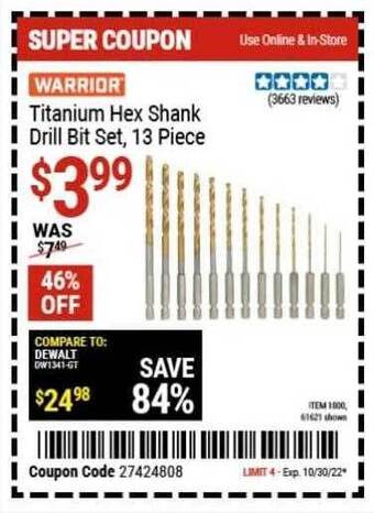Harbor Freight Tools Warrior titanium hex shank drill bit set, 13 piece offer
