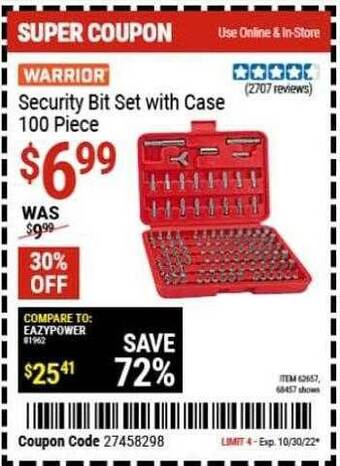 Harbor Freight Tools Warrior security bit set with case 100 piece offer