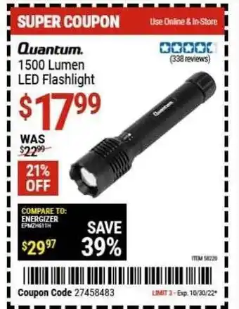 Harbor Freight Tools Quantum 1500 lumen led flashlight offer