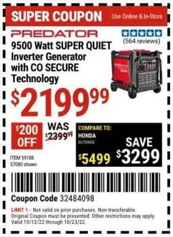 Harbor Freight Tools Predator 9500 watt super quiet inverter generator with co secure technology offer