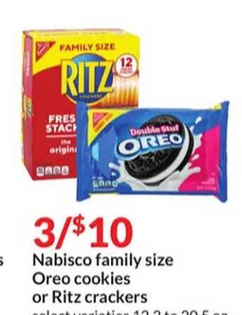 Hy-Vee Nabisco family size oreo cookies or ritz crackers offer