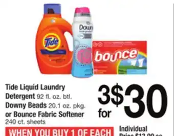 ACME Tide liquid laundry detergent 92 fl. oz. btl. downy beads 20.1 oz. pkg. or bounce fabric softener 240 ct. sheets offer