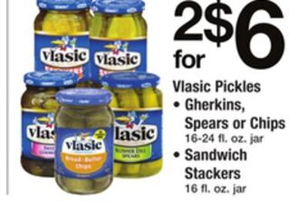 ACME Vlasic pickles gherkins, spears or chips 16-24 fl. oz. jar, sandwich stackers 16 fl. oz. jar offer