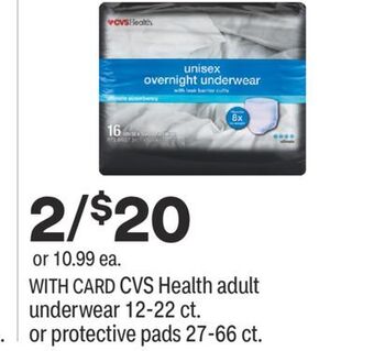 CVS Cvs health adult underwear 12-22 ct. or protective pads 27-66 ct. offer