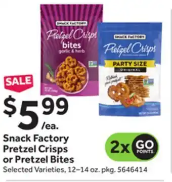 Stop&Shop Snack factory pretzel crisps or pretzel bites offer