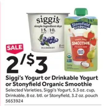 Stop&Shop Siggi's yogurt or drinkable yogurt or stony eld organic smoothie offer