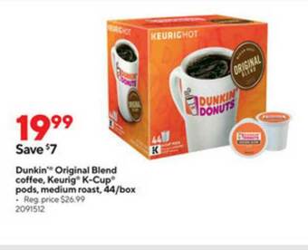 Staples Dunkin Original Blend Coffee, Keurig K-cup Pods, Medium Roast, 44-box offer