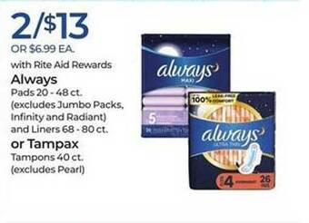 Rite Aid Always or tampax offer