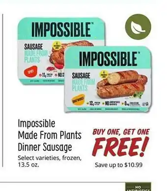 Sprouts Farmers Market Impossible made from plants dinner sausage offer