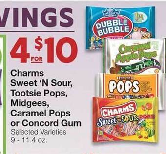 United Supermarkets Charms sweet 'n sour, tootsie pops, midgees, caramel pops or concord gum offer