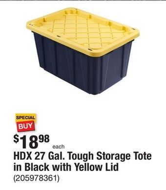 The Home Depot Hdx 27 gal. tough storage tote in black with yellow lid offer
