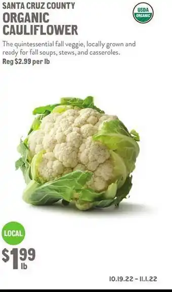 New Seasons Market Santa cruz county organic cauliflower offer