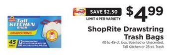 ShopRite Drawstring trash bags offer