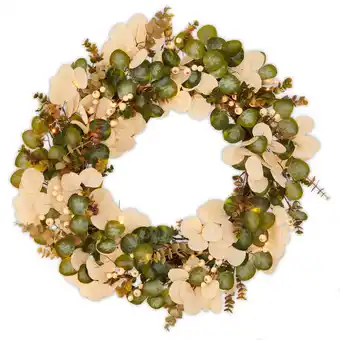 Walmart Way to celebrate! 30" pre-lit fall wreath, green and white eucalyptus leaf mix, for fall decoration offer
