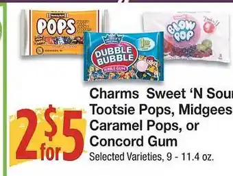 Amigos United Charms sweet n sour, tootsie pops, midgees caramel pops, or concord gum offer