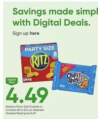 Stater Bros Nabisco party size cookies or crackers offer