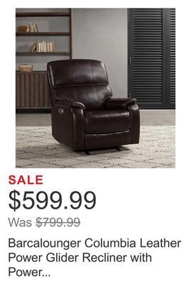 Costco Barcalounger columbia leather power glider recliner with power headrest offer