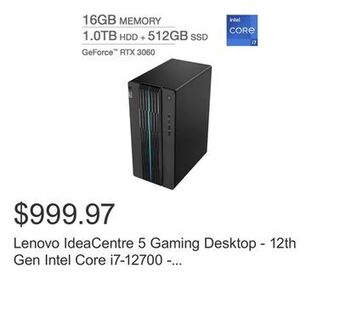 Costco Lenovo ideacentre 5 gaming desktop - 12th gen intel core i7-12700 - geforce rtx 3060 - windows 11 offer