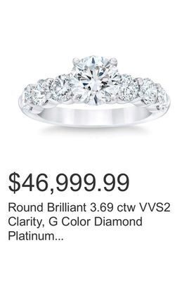 Costco Round brilliant 3.69 ctw vvs2 clarity, g color diamond platinum wedding ring offer