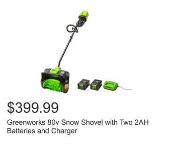 Costco Greenworks 80v snow shovel with two 2ah batteries and charger offer