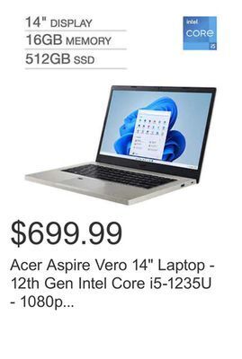 Costco Acer aspire vero 14" laptop - 12th gen intel core i5-1235u - 1080p - windows 11 offer