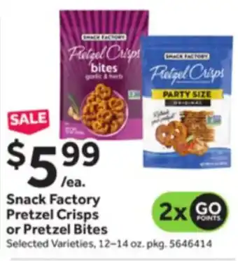 Stop&Shop Snack Factory Pretzel Crisps or Pretzel Bites 12-14 oz. offer