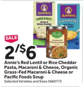 Stop&Shop Annie's Red Lentil or Rice Cheddar Pasta, Macaroni & Cheese, Organic Grass-Fed Macaroni & Cheese or Pacific Foods Soup offer