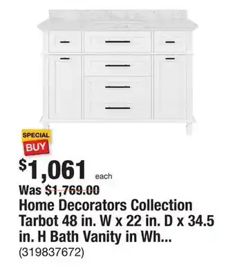 The Home Depot Home decorators collection tarbot 48 in. w x 22 in. d x 34.5 in. h bath vanity in white with white marble top offer