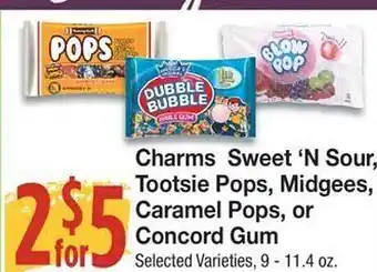 United Supermarkets Charms sweet 'n sour, tootsie pops, midgees, caramel pops, or concord gum offer