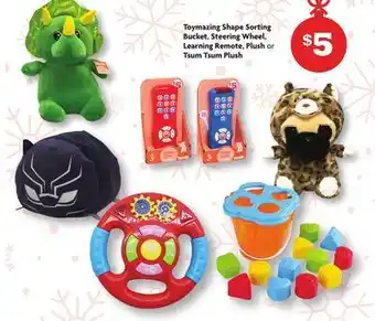 Family Dollar Toymazing shape sorting bucket, steering wheel, learning remote, plush or tsum tsum plush offer
