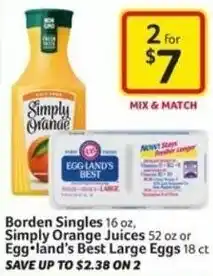 Harveys Supermarkets Borden Singles 16 oz, Simply Orange Juices 52 oz or Egg Land's Best Large Eggs 18ct offer
