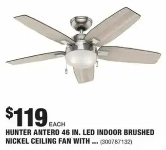 The Home Depot Hunter Antero 46 In. LED Indoor Brushed Nickel Ceiling Fan With Light offer